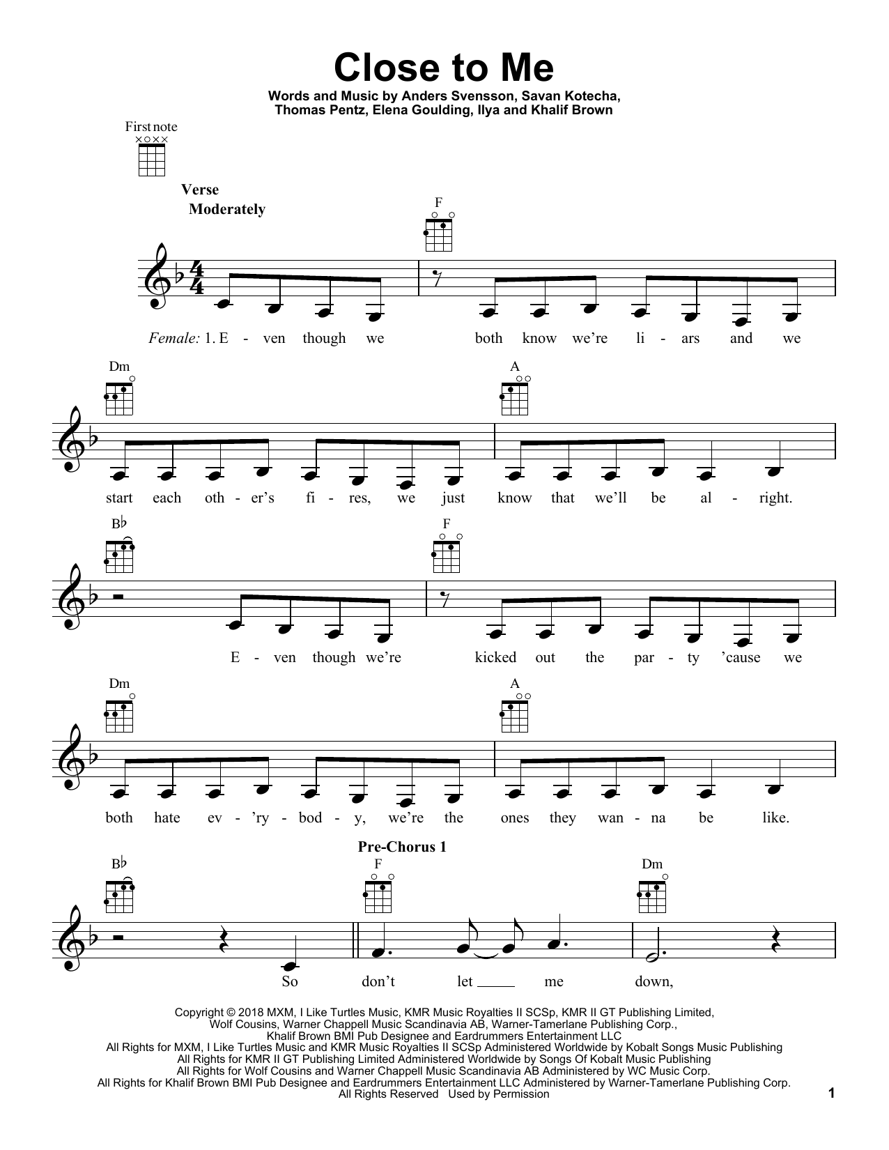 Learn to play Ellie Goulding, Diplo & Swae Lee Close To Me sheet music for Ukulele in minutes. Price: 5.9900$ Ellie Goulding, Diplo & Swae Lee Close To Me sheet music notes and chords arranged for Ukulele