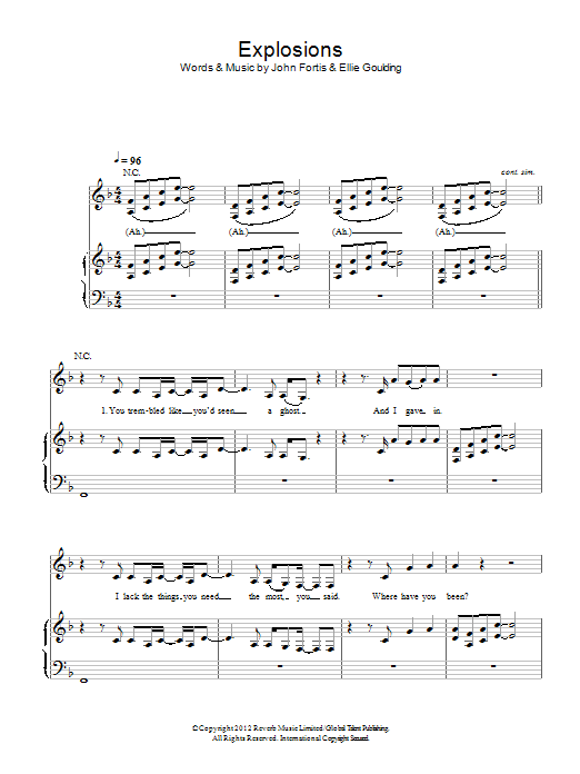 Learn to play Ellie Goulding Explosions sheet music for Piano, Vocal & Guitar Chords in minutes. Price: 7.8900$ Ellie Goulding Explosions sheet music notes and chords arranged for Piano, Vocal & Guitar Chords