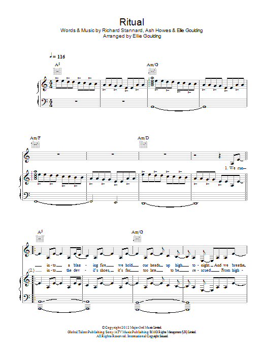 Learn to play Ellie Goulding Ritual sheet music for Piano, Vocal & Guitar Chords in minutes. Price: 7.8900$ Ellie Goulding Ritual sheet music notes and chords arranged for Piano, Vocal & Guitar Chords