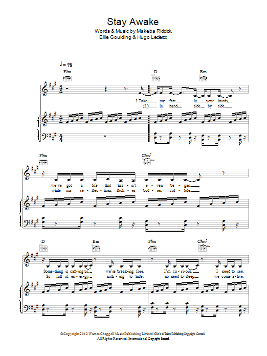 Learn to play Ellie Goulding Stay Awake sheet music for Piano, Vocal & Guitar Chords in minutes. Price: 7.8900$ Ellie Goulding Stay Awake sheet music notes and chords arranged for Piano, Vocal & Guitar Chords
