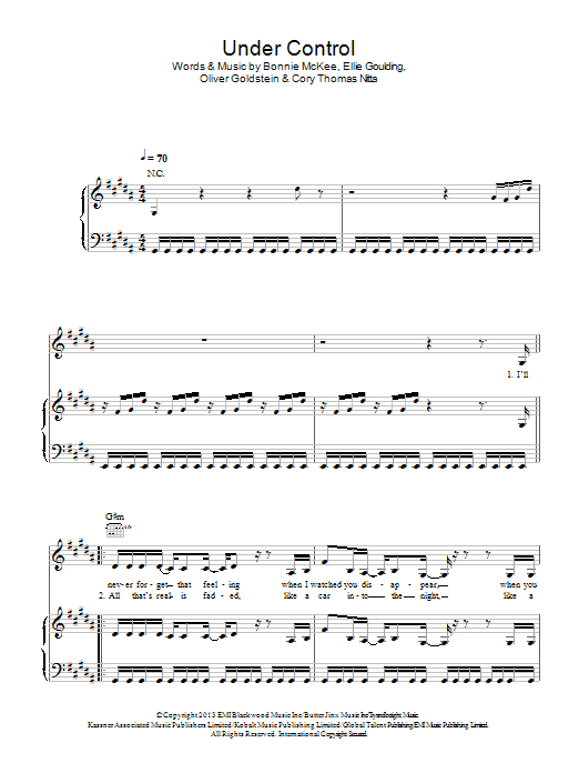 Learn to play Ellie Goulding Under Control sheet music for Piano, Vocal & Guitar Chords in minutes. Price: 7.8900$ Ellie Goulding Under Control sheet music notes and chords arranged for Piano, Vocal & Guitar Chords