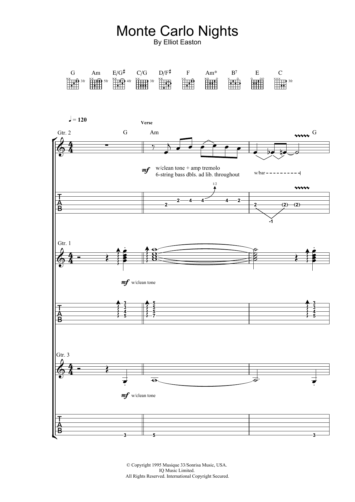 Elliot Easton Monte Carlo Nights (from Jackie Brown) sheet music notes and chords. Download Printable PDF.