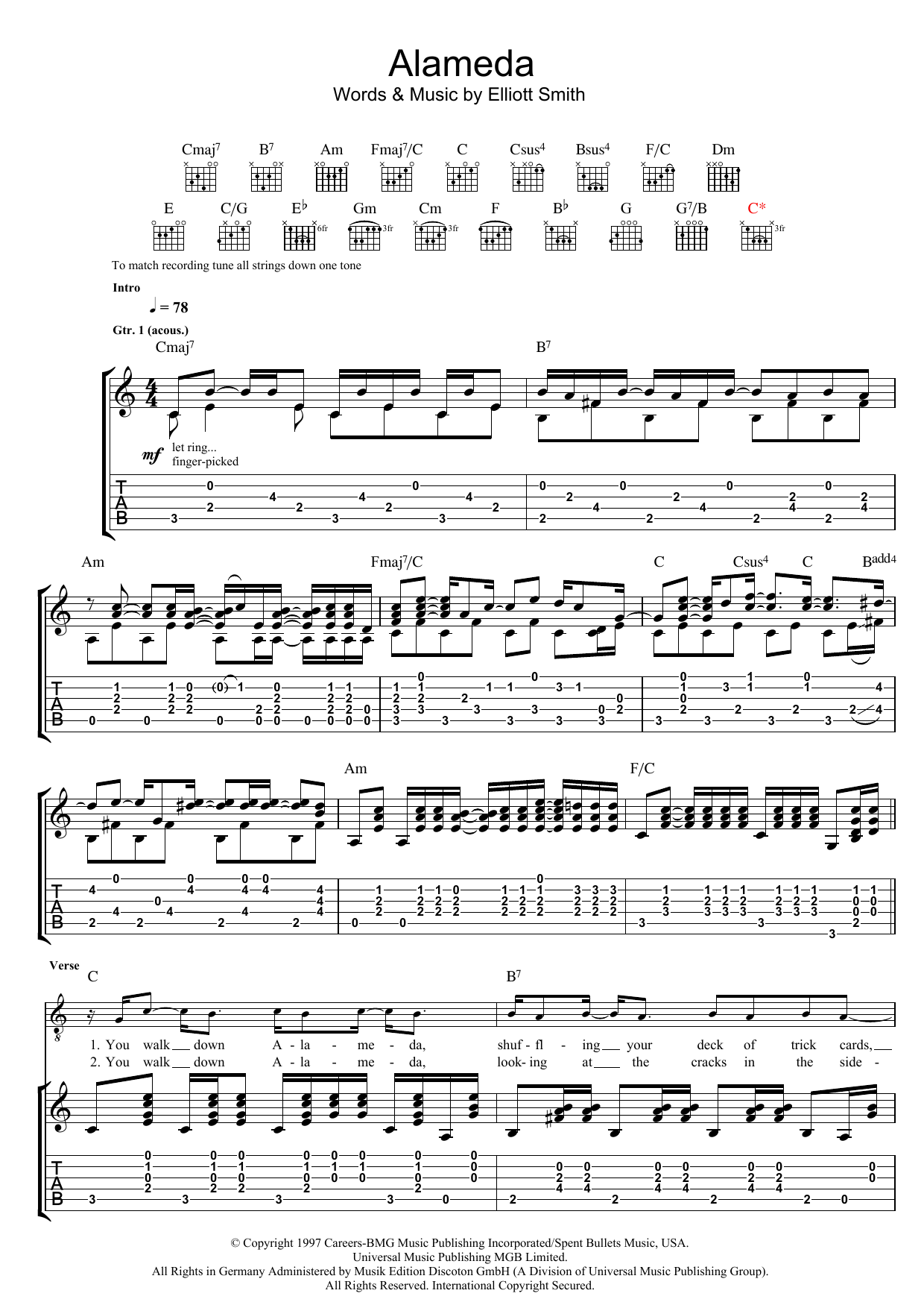 Elliott Smith Alameda sheet music notes and chords arranged for Guitar Tab