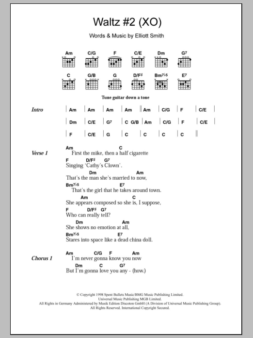 Elliott Smith Waltz #2 (XO) sheet music notes and chords arranged for Piano, Vocal & Guitar Chords