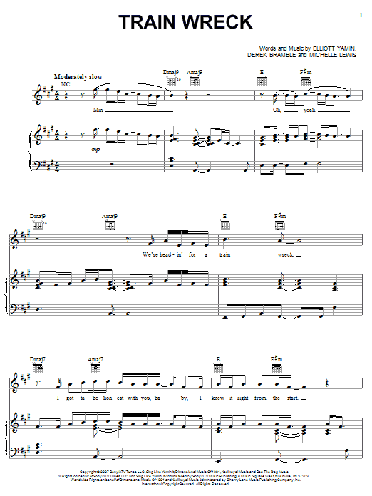 Elliott Yamin Train Wreck sheet music notes and chords arranged for Piano, Vocal & Guitar Chords (Right-Hand Melody)