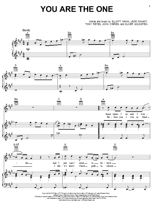 Learn to play Elliott Yamin You Are The One sheet music for Piano, Vocal & Guitar Chords (Right-Hand Melody) in minutes. Price: 7.8900$ Elliott Yamin You Are The One sheet music notes and chords arranged for Piano, Vocal & Guitar Chords (Right-Hand Melody)