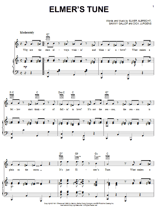 Learn to play Elmer Albrecht Elmer's Tune sheet music for Piano, Vocal & Guitar Chords (Right-Hand Melody) in minutes. Price: 7.8900$ Elmer Albrecht Elmer's Tune sheet music notes and chords arranged for Piano, Vocal & Guitar Chords (Right-Hand Melody)