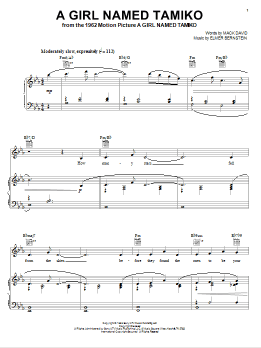 Learn to play Elmer Bernstein A Girl Named Tamiko sheet music for Piano, Vocal & Guitar Chords (Right-Hand Melody) in minutes. Price: 7.8900$ Elmer Bernstein A Girl Named Tamiko sheet music notes and chords arranged for Piano, Vocal & Guitar Chords (Right-Hand Melody)