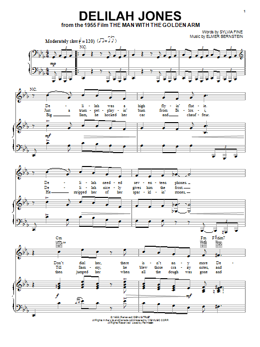 Learn to play Elmer Bernstein Delilah Jones sheet music for Piano, Vocal & Guitar Chords (Right-Hand Melody) in minutes. Price: 7.8900$ Elmer Bernstein Delilah Jones sheet music notes and chords arranged for Piano, Vocal & Guitar Chords (Right-Hand Melody)