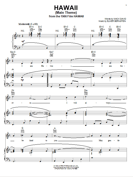 Learn to play Elmer Bernstein Hawaii (Main Theme) sheet music for Piano, Vocal & Guitar Chords (Right-Hand Melody) in minutes. Price: 7.8900$ Elmer Bernstein Hawaii (Main Theme) sheet music notes and chords arranged for Piano, Vocal & Guitar Chords (Right-Hand Melody)