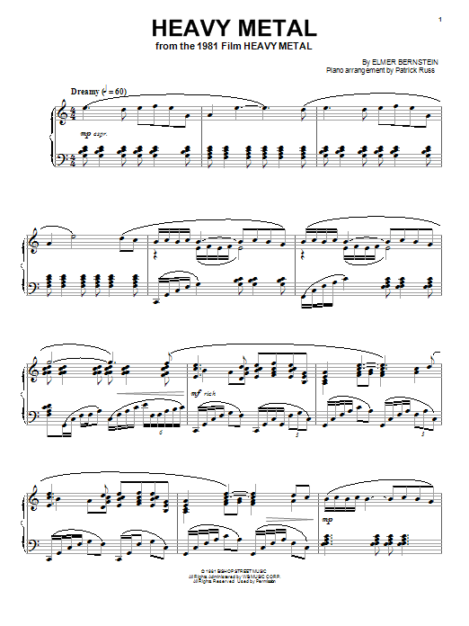 Learn to play Elmer Bernstein Heavy Metal sheet music for Piano Solo in minutes. Price: 7.8900$ Elmer Bernstein Heavy Metal sheet music notes and chords arranged for Piano Solo