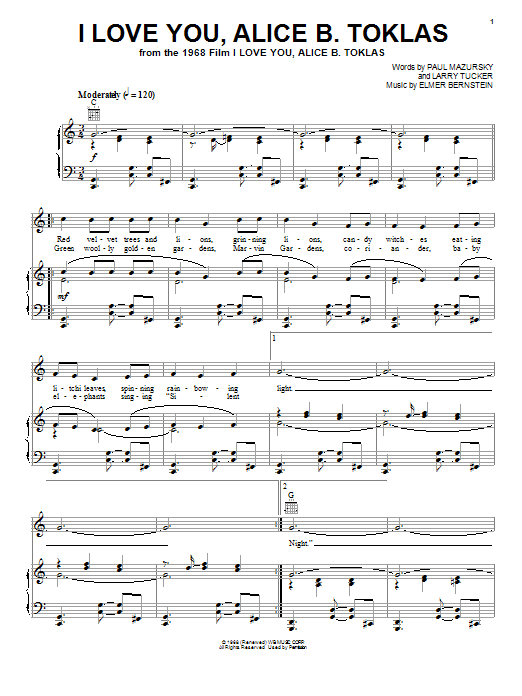 Learn to play Elmer Bernstein I Love You, Alice B. Toklas sheet music for Piano, Vocal & Guitar Chords (Right-Hand Melody) in minutes. Price: 7.8900$ Elmer Bernstein I Love You, Alice B. Toklas sheet music notes and chords arranged for Piano, Vocal & Guitar Chords (Right-Hand Melody)