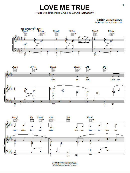 Learn to play Elmer Bernstein Love Me True sheet music for Piano, Vocal & Guitar Chords (Right-Hand Melody) in minutes. Price: 7.8900$ Elmer Bernstein Love Me True sheet music notes and chords arranged for Piano, Vocal & Guitar Chords (Right-Hand Melody)