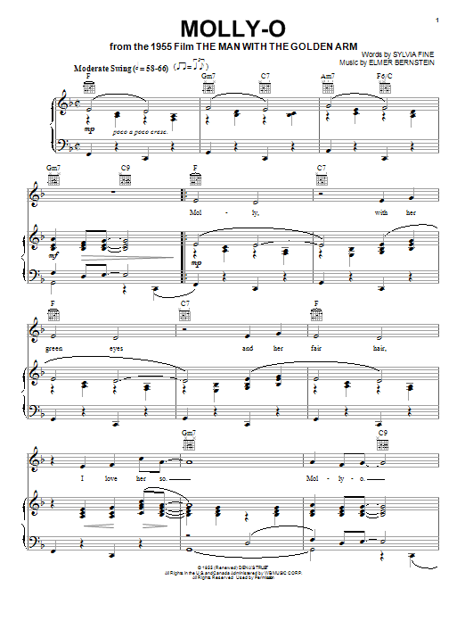 Learn to play Elmer Bernstein Molly-O sheet music for Piano, Vocal & Guitar Chords (Right-Hand Melody) in minutes. Price: 7.8900$ Elmer Bernstein Molly-O sheet music notes and chords arranged for Piano, Vocal & Guitar Chords (Right-Hand Melody)