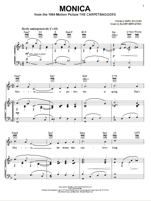 Learn to play Elmer Bernstein Monica sheet music for Piano, Vocal & Guitar Chords (Right-Hand Melody) in minutes. Price: 7.8900$ Elmer Bernstein Monica sheet music notes and chords arranged for Piano, Vocal & Guitar Chords (Right-Hand Melody)