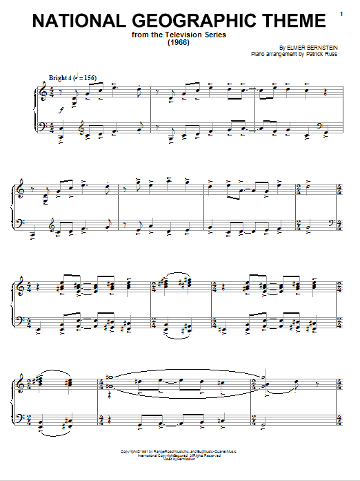 Learn to play Elmer Bernstein National Geographic Theme sheet music for Piano Solo in minutes. Price: 7.8900$ Elmer Bernstein National Geographic Theme sheet music notes and chords arranged for Piano Solo