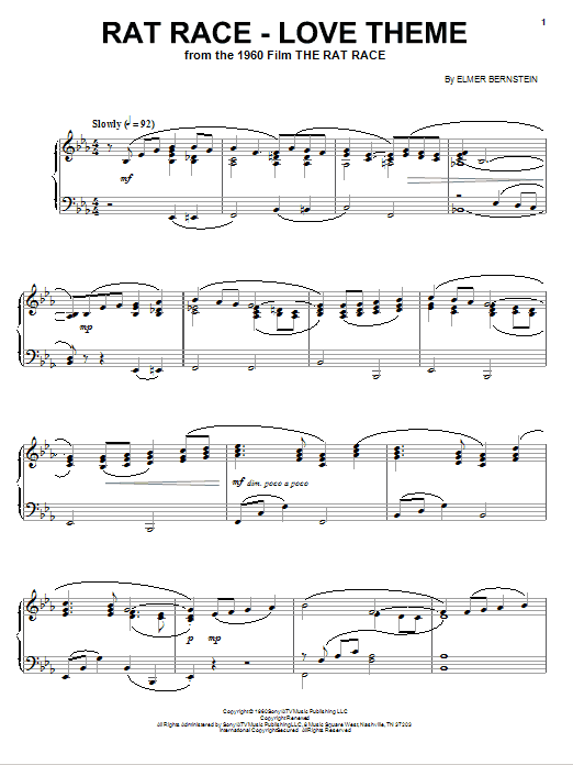 Learn to play Elmer Bernstein Rat Race - Love Theme sheet music for Piano Solo in minutes. Price: 7.8900$ Elmer Bernstein Rat Race - Love Theme sheet music notes and chords arranged for Piano Solo
