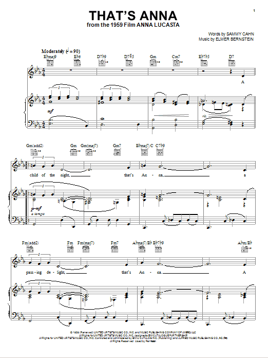 Learn to play Elmer Bernstein That's Anna sheet music for Piano, Vocal & Guitar Chords (Right-Hand Melody) in minutes. Price: 7.8900$ Elmer Bernstein That's Anna sheet music notes and chords arranged for Piano, Vocal & Guitar Chords (Right-Hand Melody)