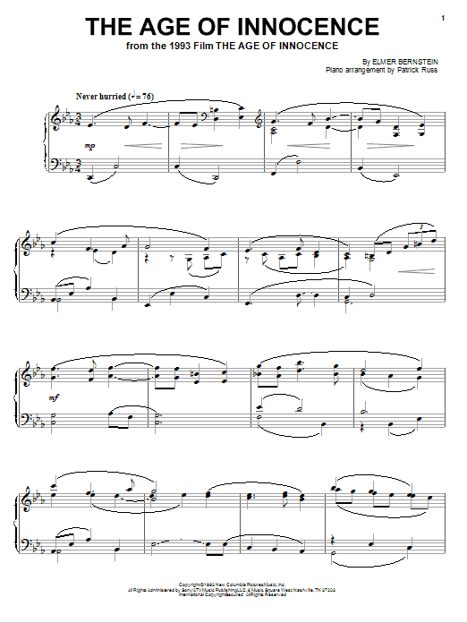 Elmer Bernstein The Age Of Innocence sheet music notes and chords arranged for Piano Solo