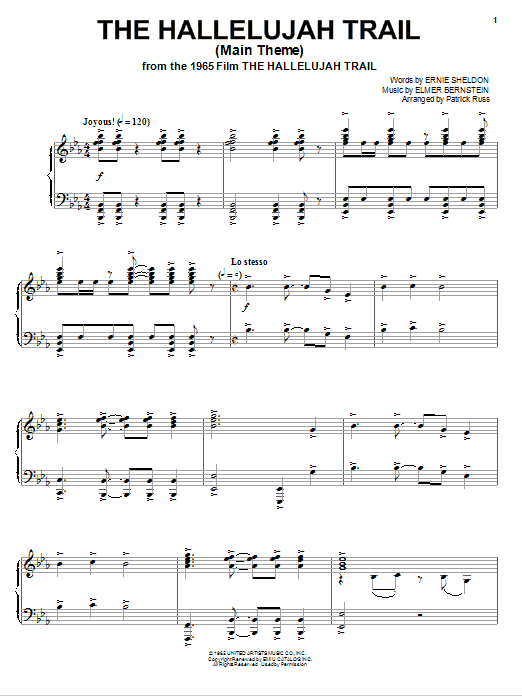 Learn to play Elmer Bernstein The Hallelujah Trail (Main Theme) sheet music for Piano, Vocal & Guitar Chords (Right-Hand Melody) in minutes. Price: 7.8900$ Elmer Bernstein The Hallelujah Trail (Main Theme) sheet music notes and chords arranged for Piano, Vocal & Guitar Chords (Right-Hand Melody)