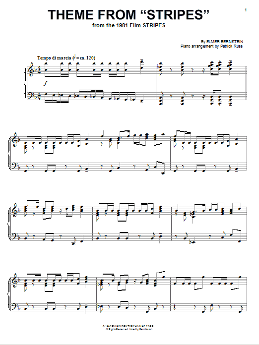Learn to play Elmer Bernstein Theme from Stripes sheet music for Piano Solo in minutes. Price: 7.8900$ Elmer Bernstein Theme from Stripes sheet music notes and chords arranged for Piano Solo