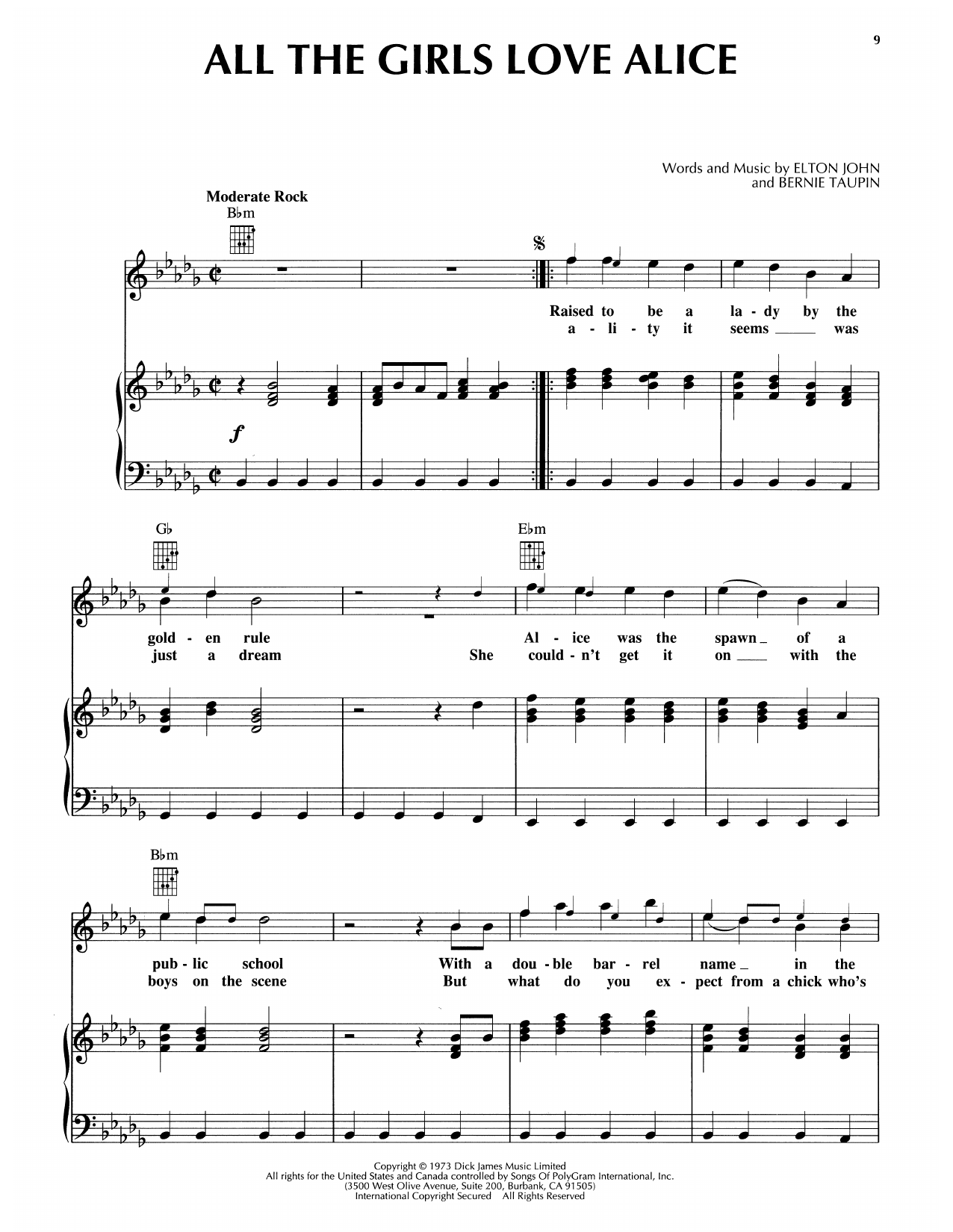 Elton John All The Girls Love Alice sheet music notes and chords. Download Printable PDF.