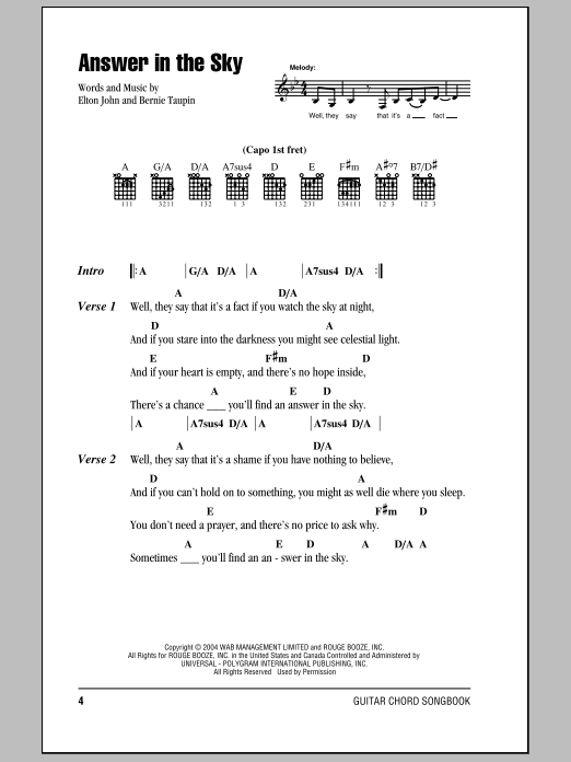 Elton John Answer In The Sky sheet music notes and chords. Download Printable PDF.