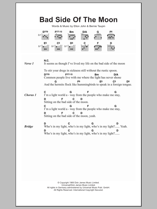 Elton John Bad Side Of The Moon sheet music notes and chords. Download Printable PDF.