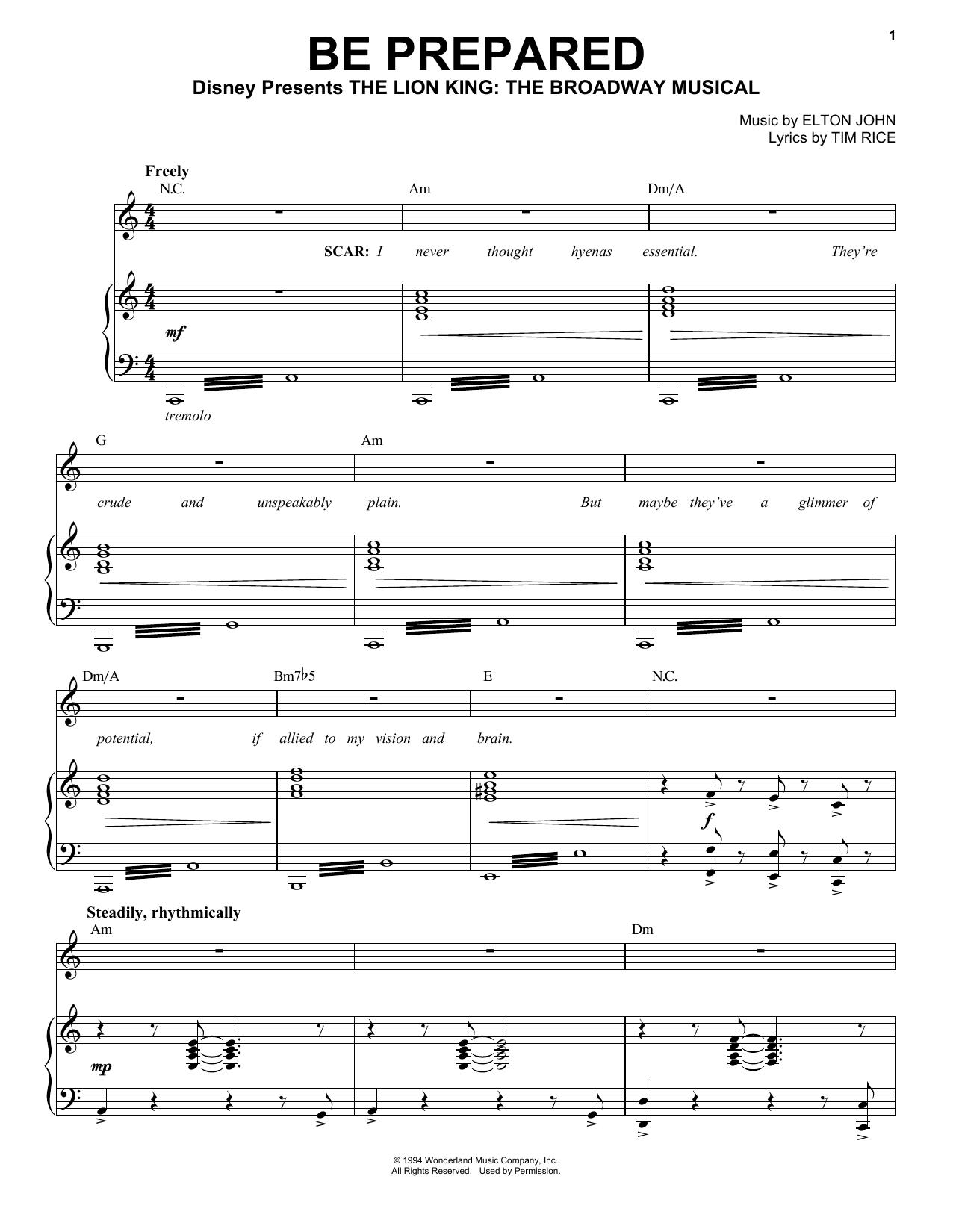 Elton John Be Prepared (from The Lion King: Broadway Musical) sheet music notes and chords. Download Printable PDF.