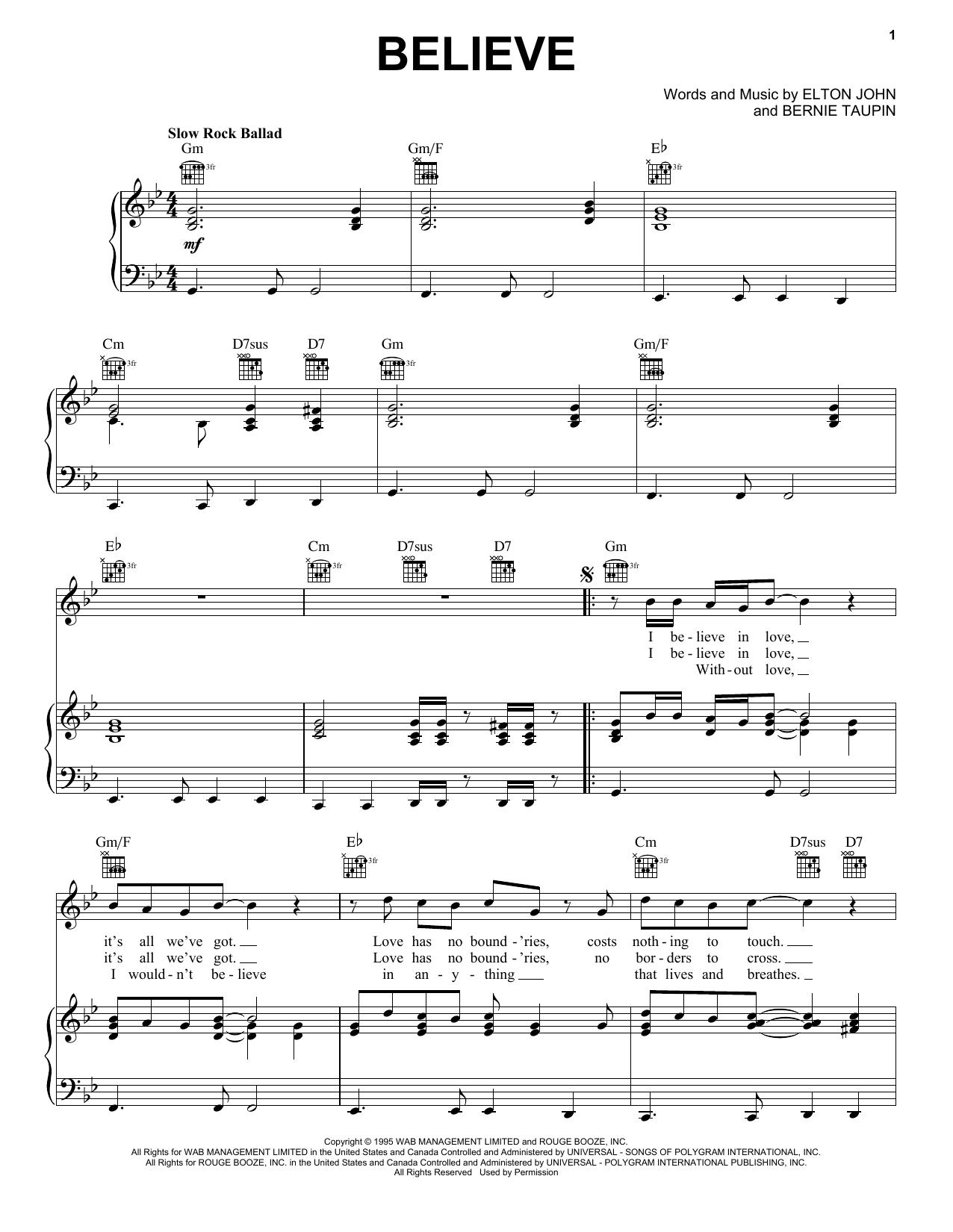 Elton John Believe sheet music notes and chords. Download Printable PDF.