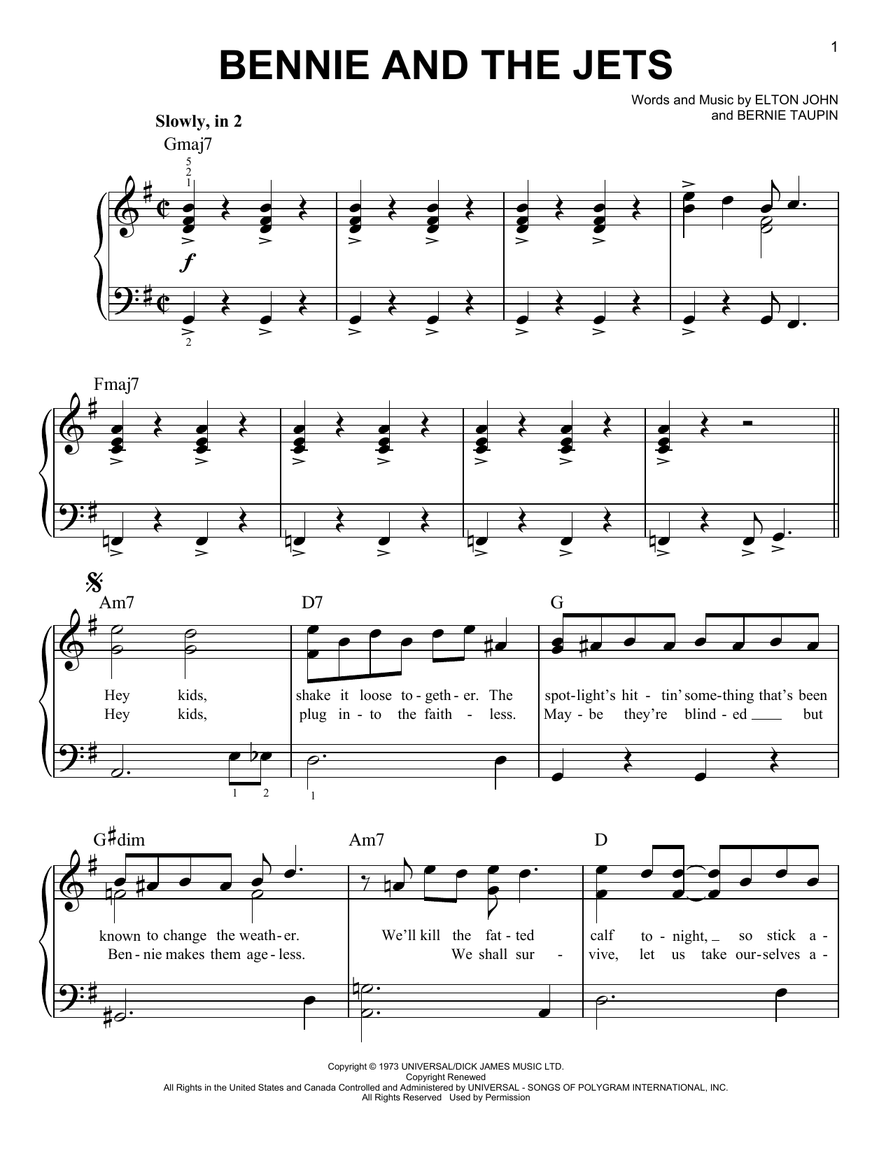 Elton John Bennie And The Jets sheet music notes and chords arranged for Guitar Chords/Lyrics