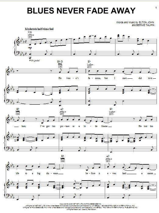 Elton John Blues Never Fade Away sheet music notes and chords arranged for Piano, Vocal & Guitar Chords (Right-Hand Melody)