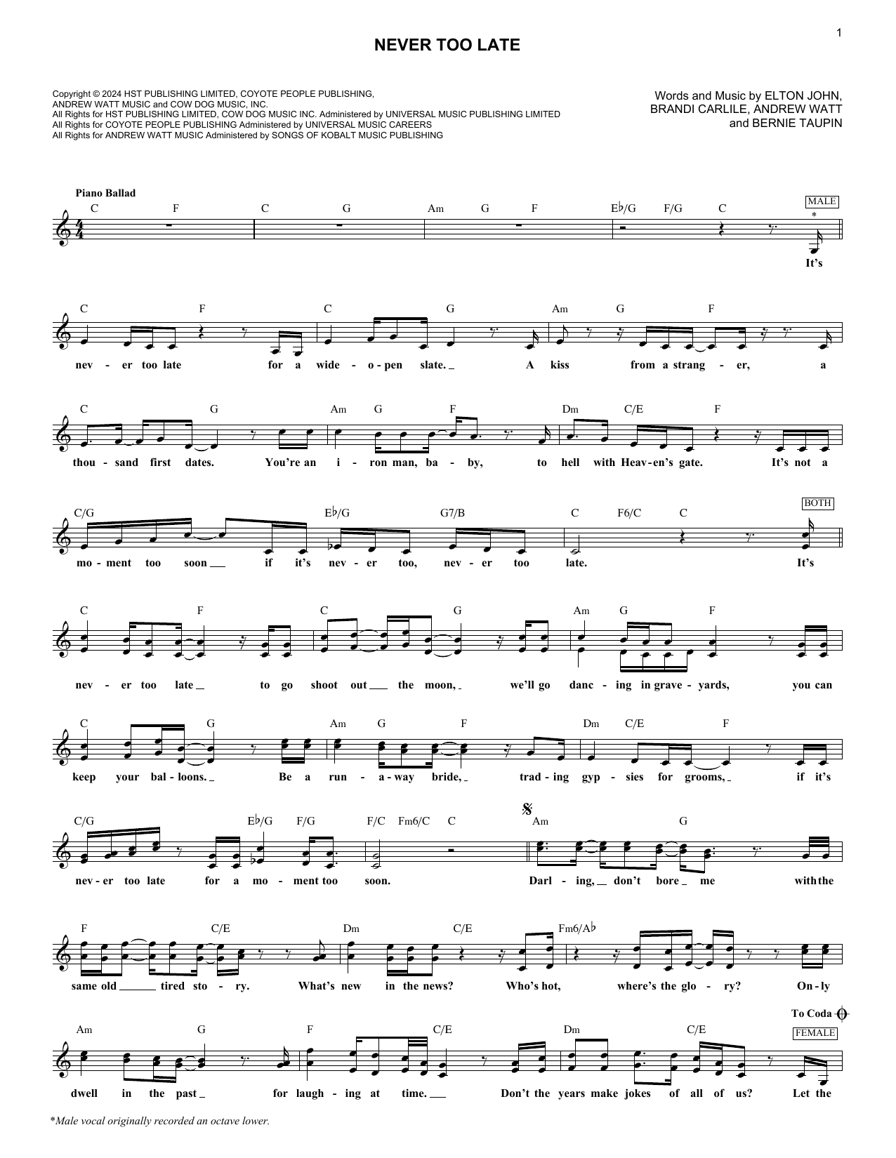 Elton John Never Too Late sheet music notes and chords. Download Printable PDF.