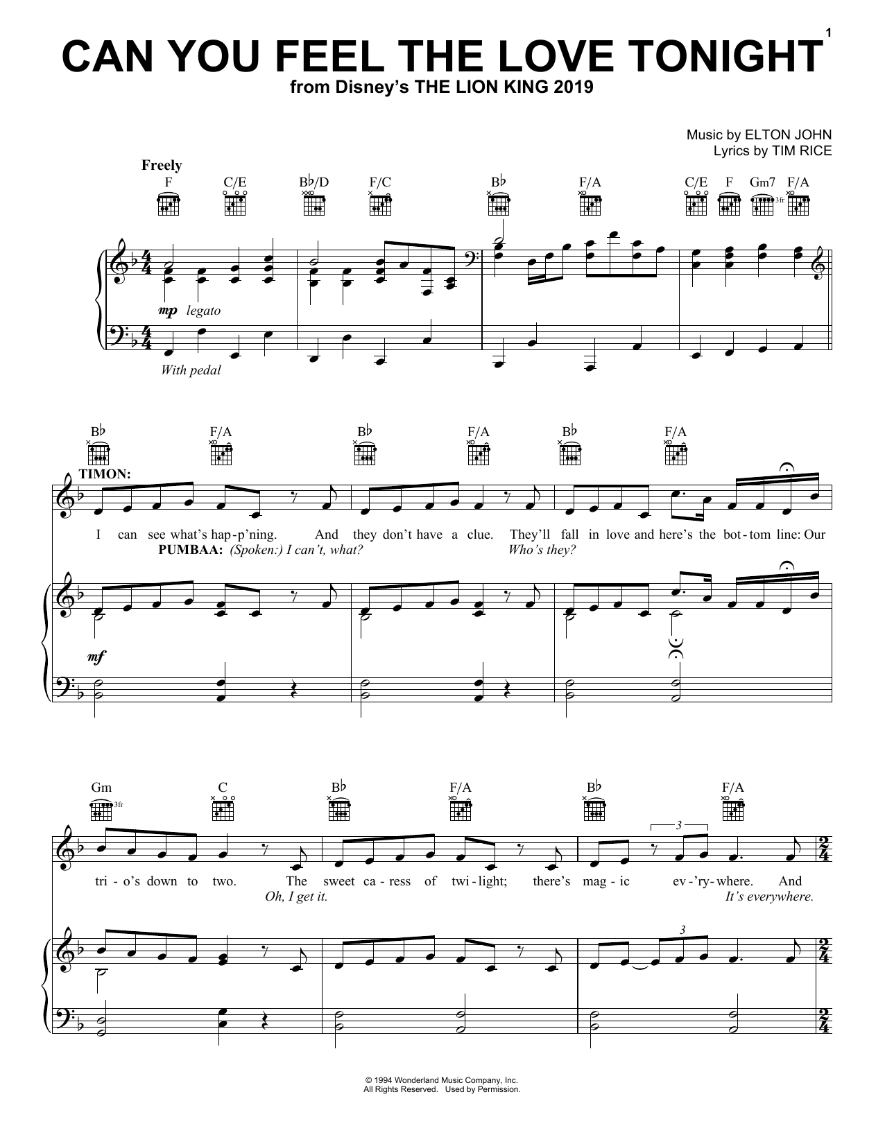 Elton John Can You Feel The Love Tonight (from The Lion King 2019) sheet music notes and chords. Download Printable PDF.