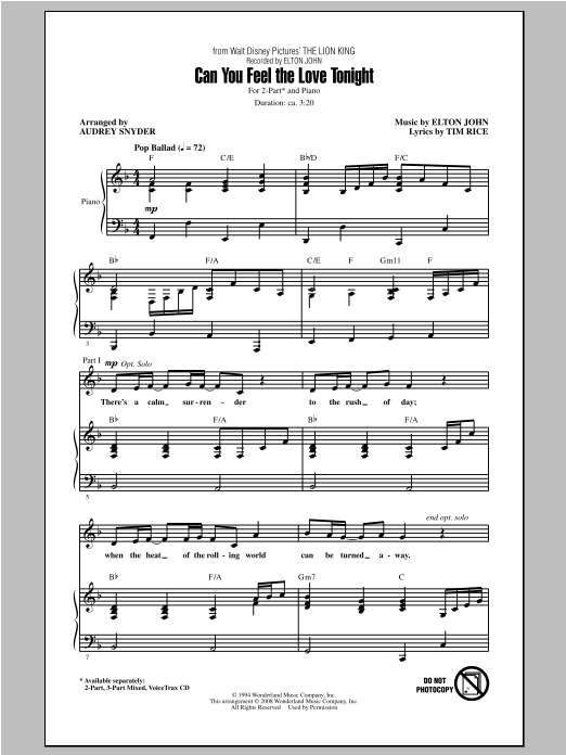 Elton John Can You Feel The Love Tonight (from The Lion King) (arr. Audrey Snyder) sheet music notes and chords. Download Printable PDF.