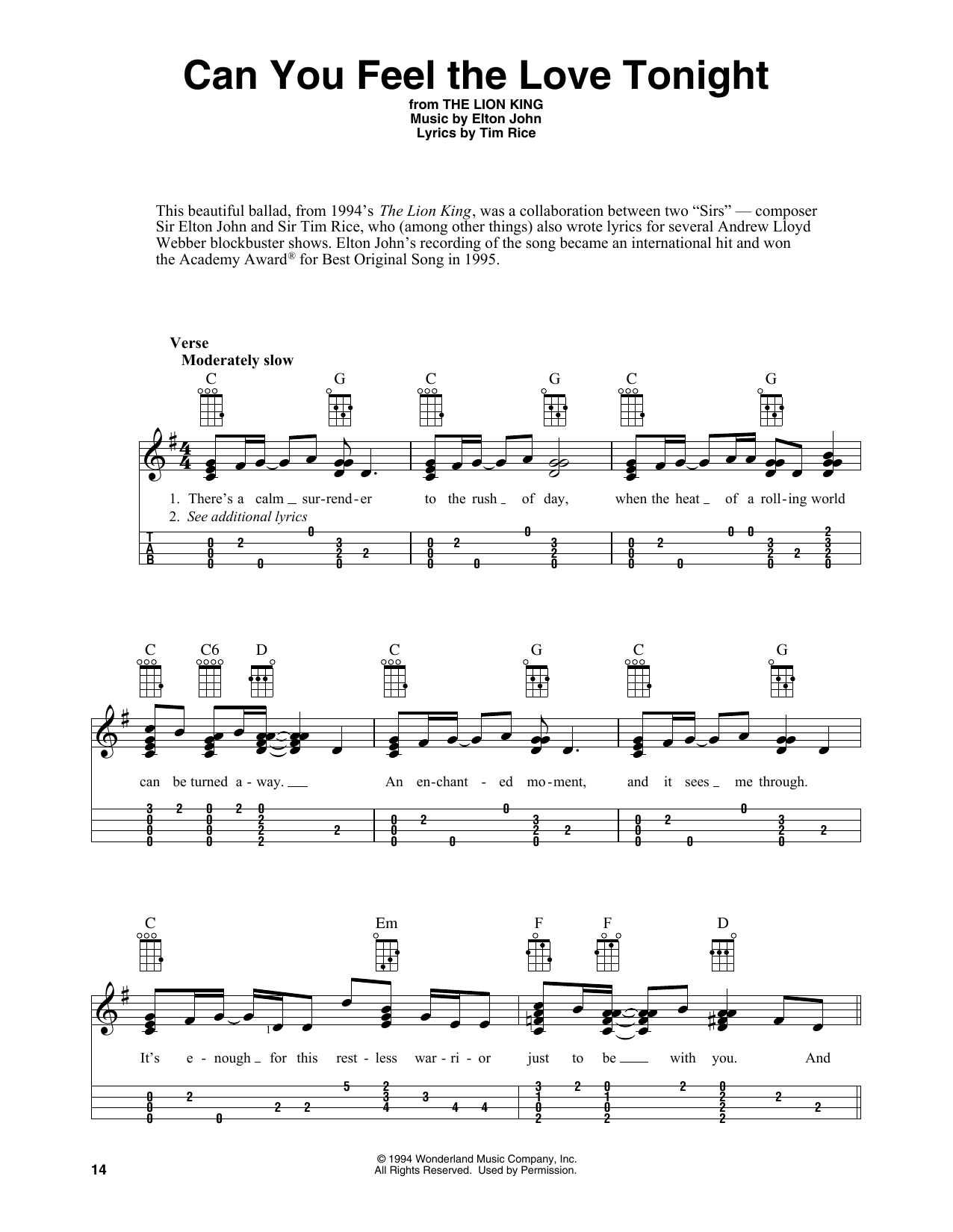 Elton John Can You Feel The Love Tonight (from The Lion King) (arr. Fred Sokolow) sheet music notes and chords. Download Printable PDF.