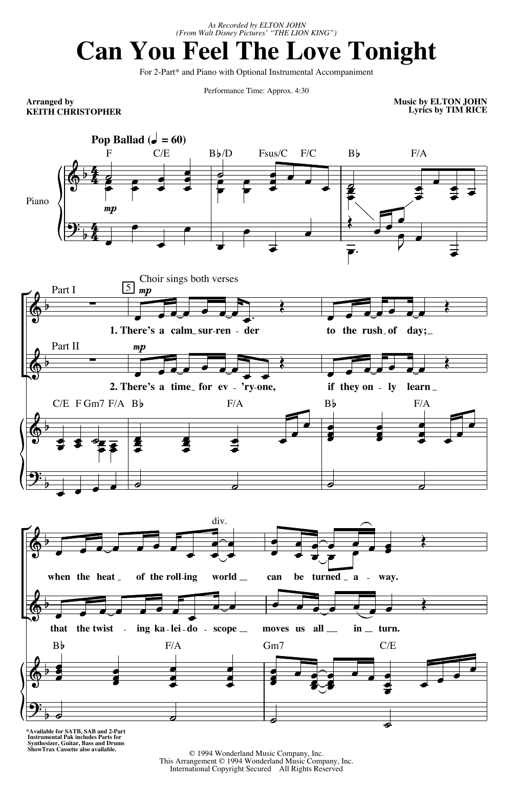 Elton John Can You Feel The Love Tonight (from The Lion King) (arr. Keith Christopher) sheet music notes and chords. Download Printable PDF.