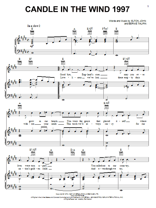 Elton John Candle In The Wind 1997 sheet music notes and chords arranged for Easy Piano