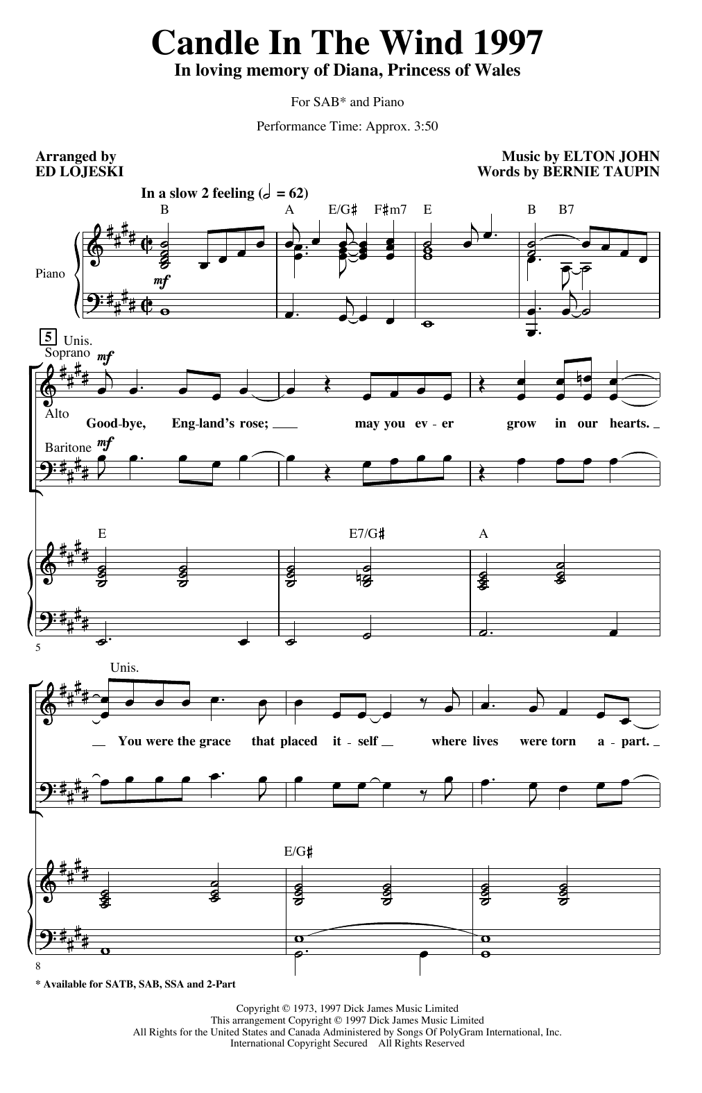 Elton John Candle In The Wind (arr. Ed Lojeski) sheet music notes and chords. Download Printable PDF.