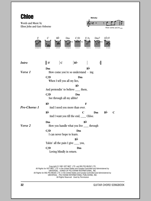 Elton John Chloe sheet music notes and chords. Download Printable PDF.