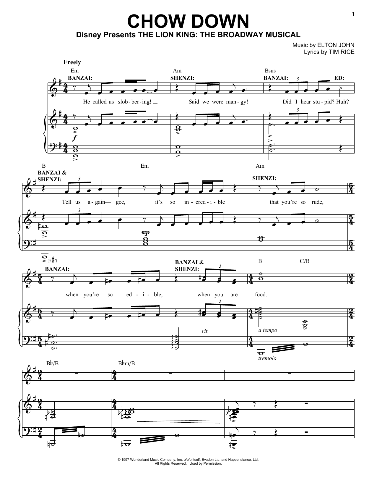 Elton John Chow Down (from The Lion King: Broadway Musical) sheet music notes and chords arranged for Piano, Vocal & Guitar Chords (Right-Hand Melody)