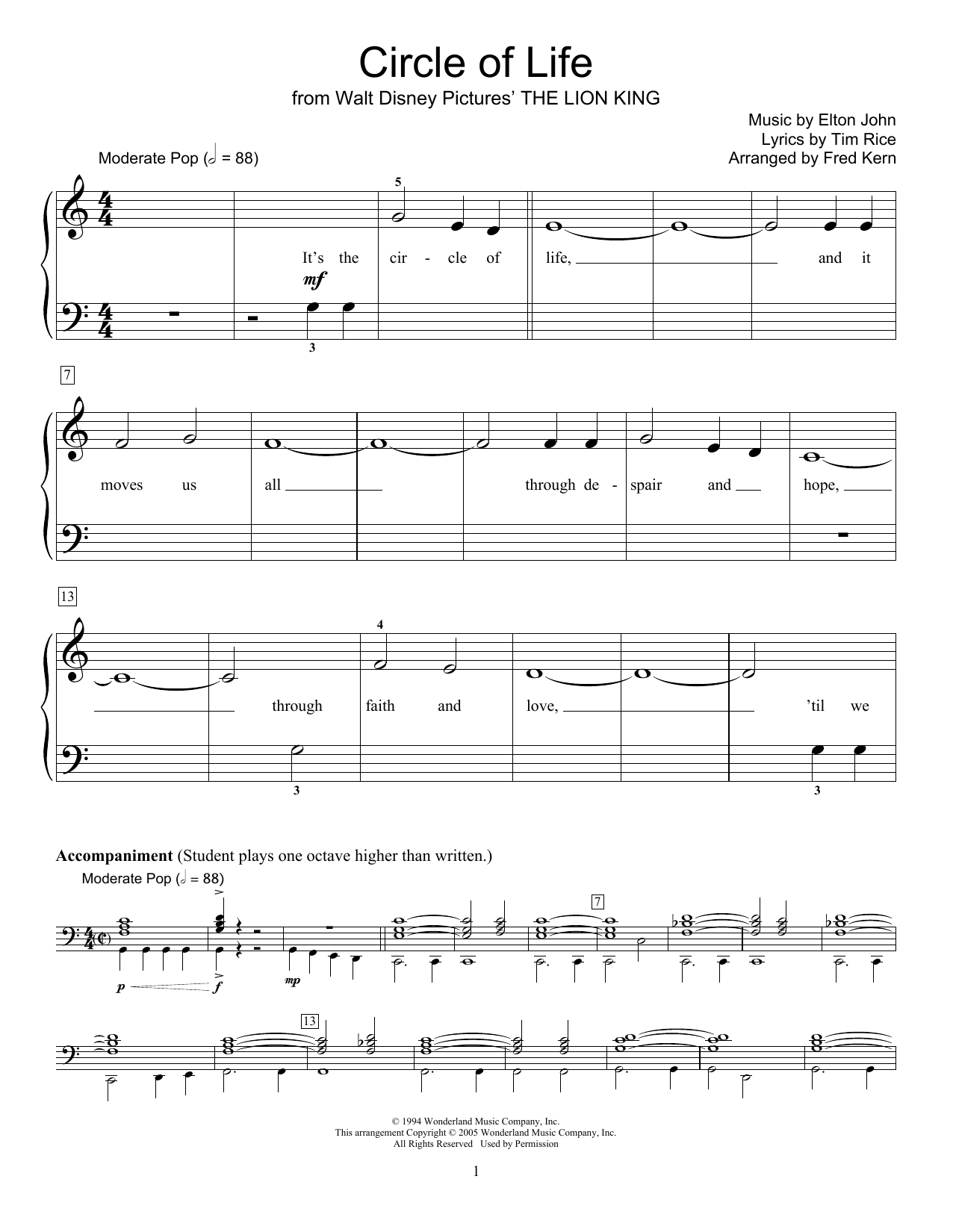 Phillip Keveren Circle Of Life sheet music notes and chords arranged for Educational Piano