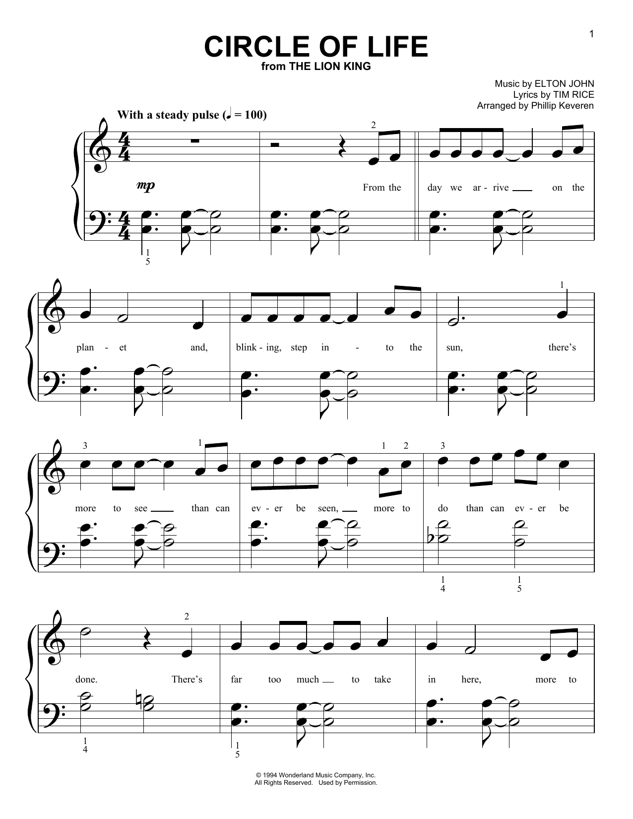 Elton John Circle Of Life (arr. Phillip Keveren) sheet music notes and chords. Download Printable PDF.