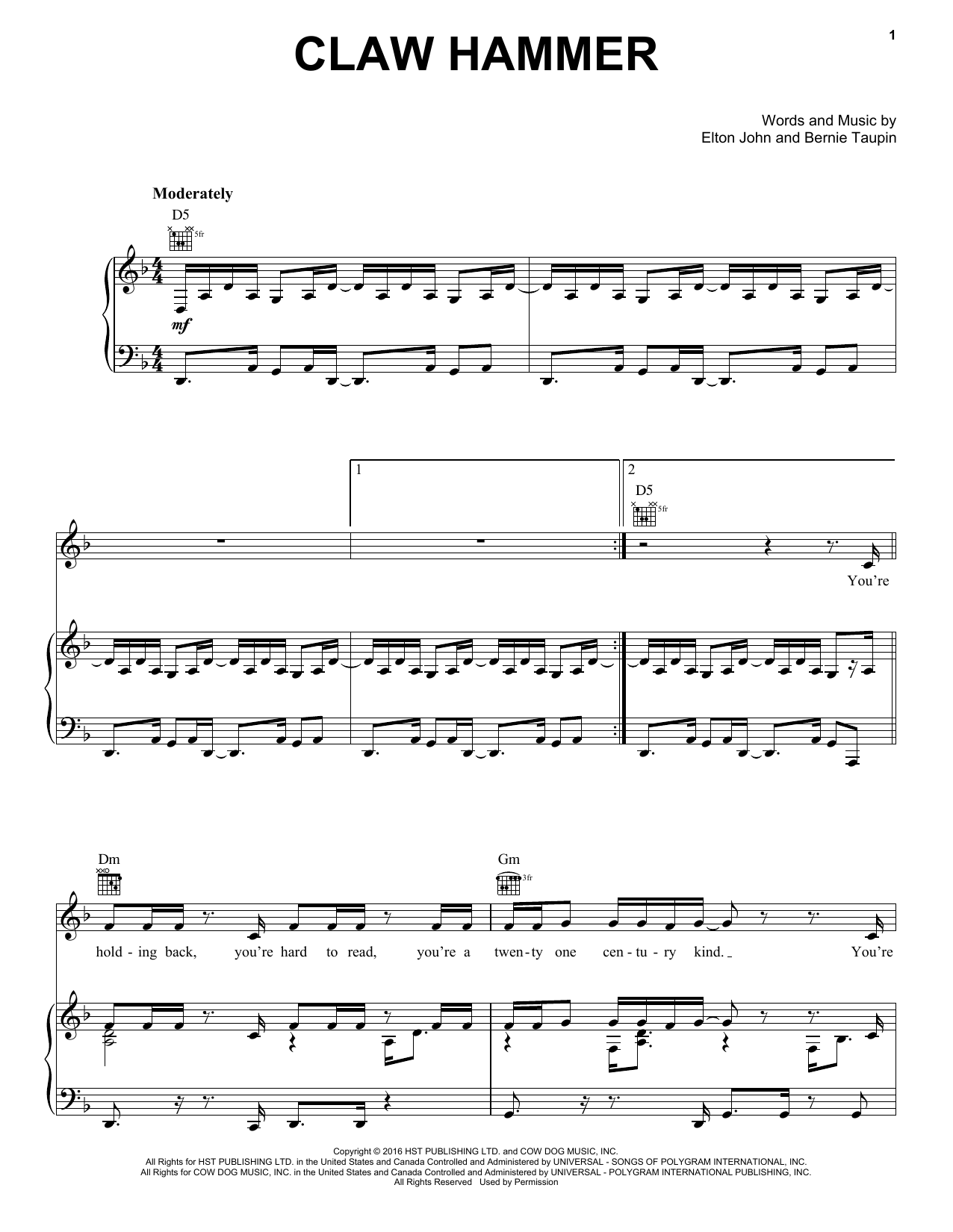 Elton John Claw Hammer sheet music notes and chords. Download Printable PDF.