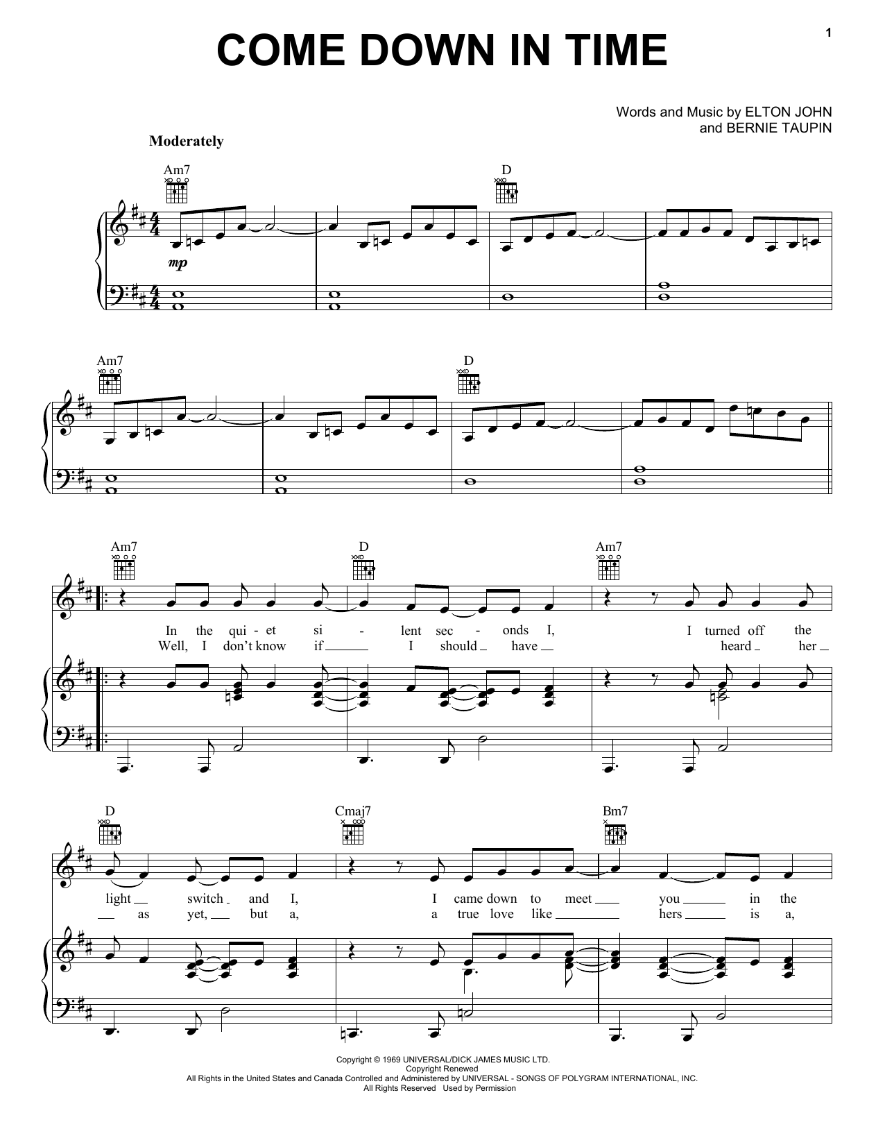 Elton John Come Down In Time sheet music notes and chords. Download Printable PDF.