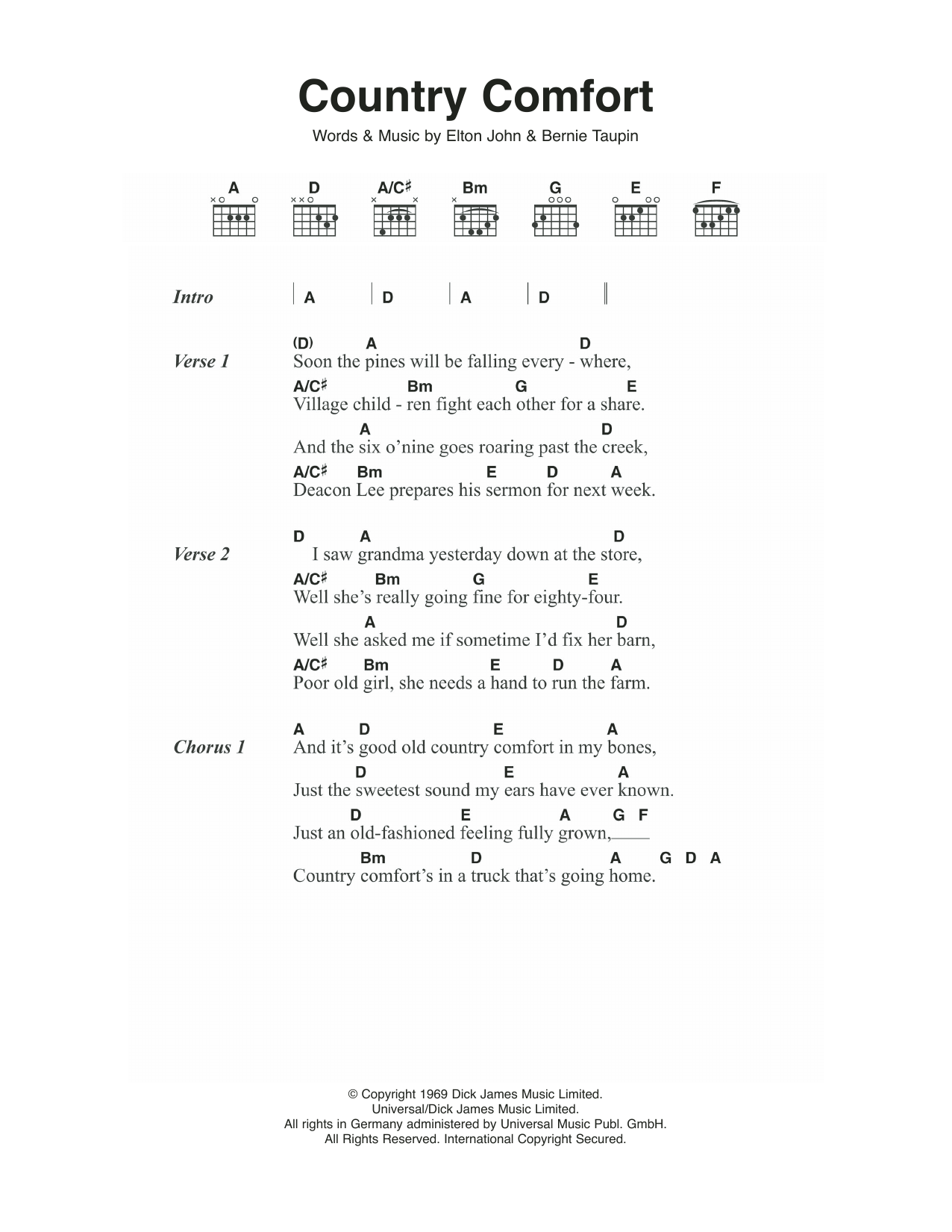 Elton John Country Comfort sheet music notes and chords. Download Printable PDF.