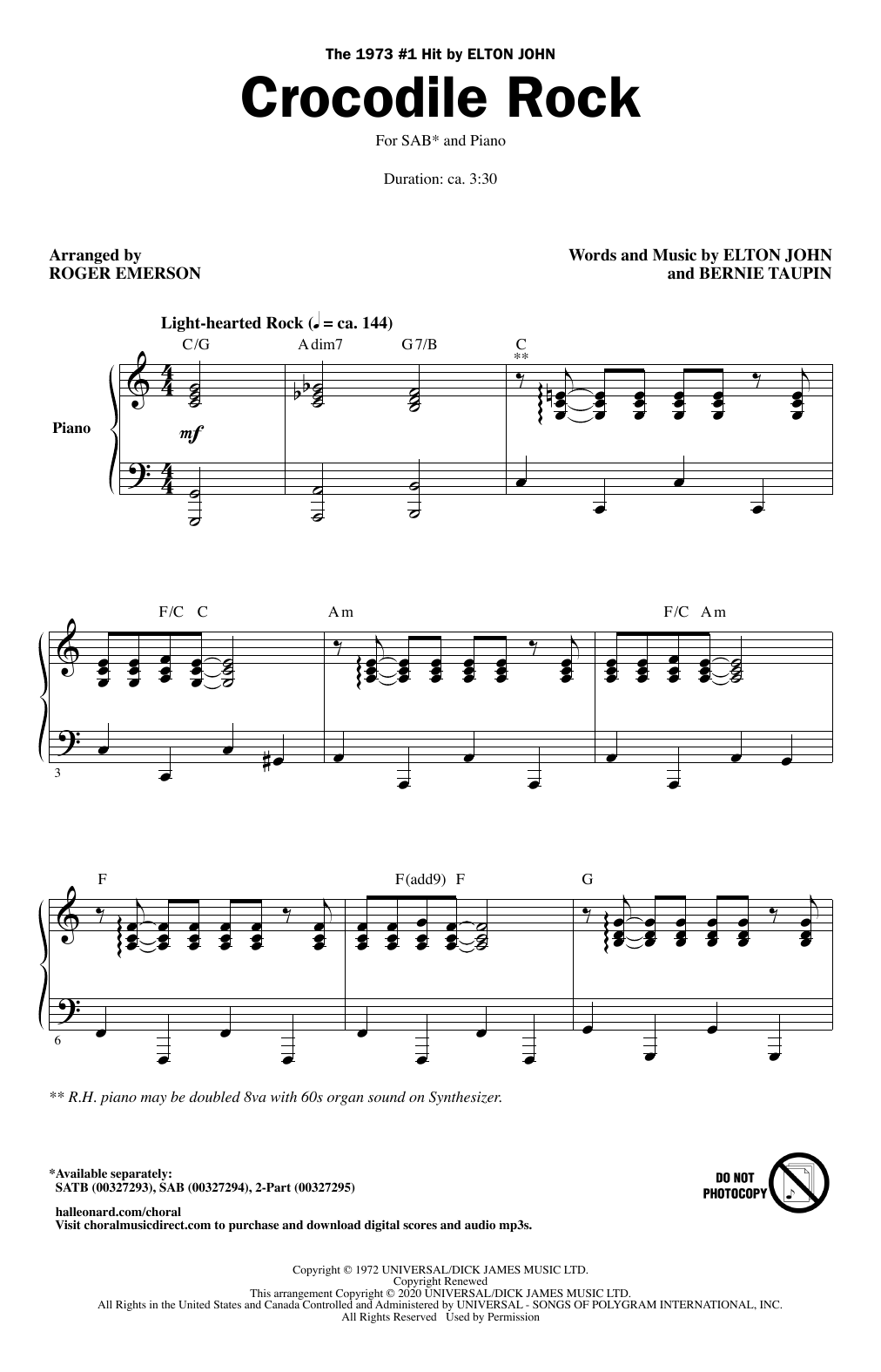 Elton John Crocodile Rock (arr. Roger Emerson) sheet music notes and chords. Download Printable PDF.