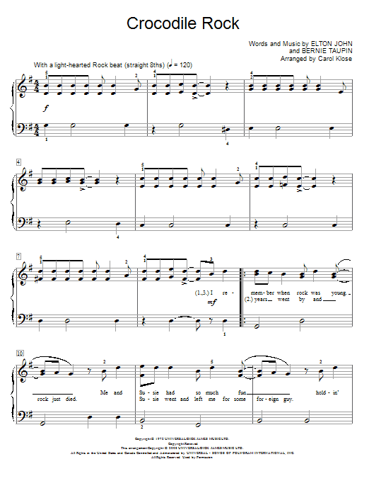 Elton John Crocodile Rock sheet music notes and chords arranged for Piano, Vocal & Guitar Chords (Right-Hand Melody)