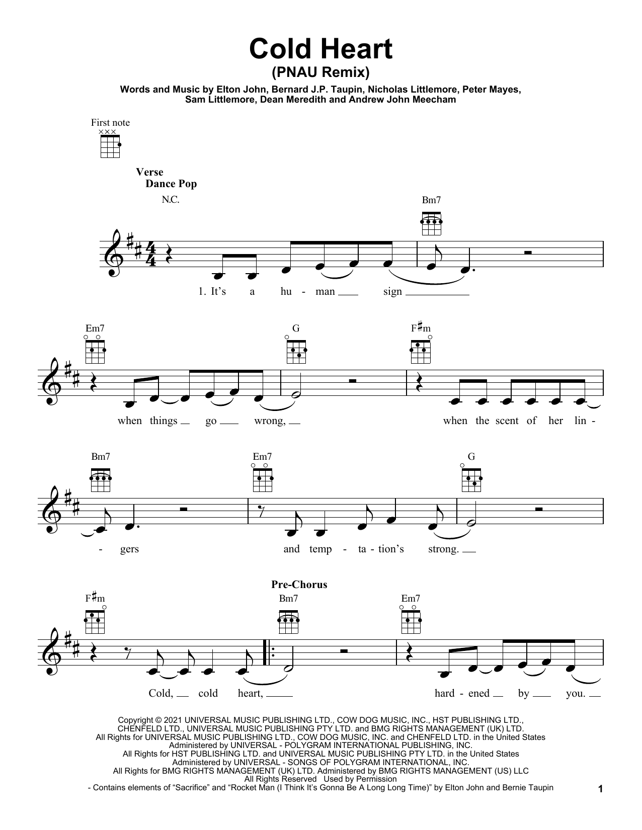 Elton John & Dua Lipa Cold Heart (PNAU Remix) sheet music notes and chords arranged for Easy Piano