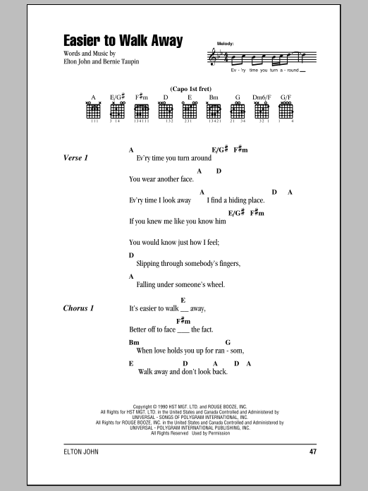 Elton John Easier To Walk Away sheet music notes and chords. Download Printable PDF.